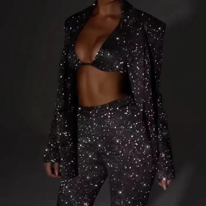 3pcs Shiny Long-sleeved Suit With Bra Lapel Blazer And Straight-leg Trousers Fashion Party Jacket Set For Women Clothing