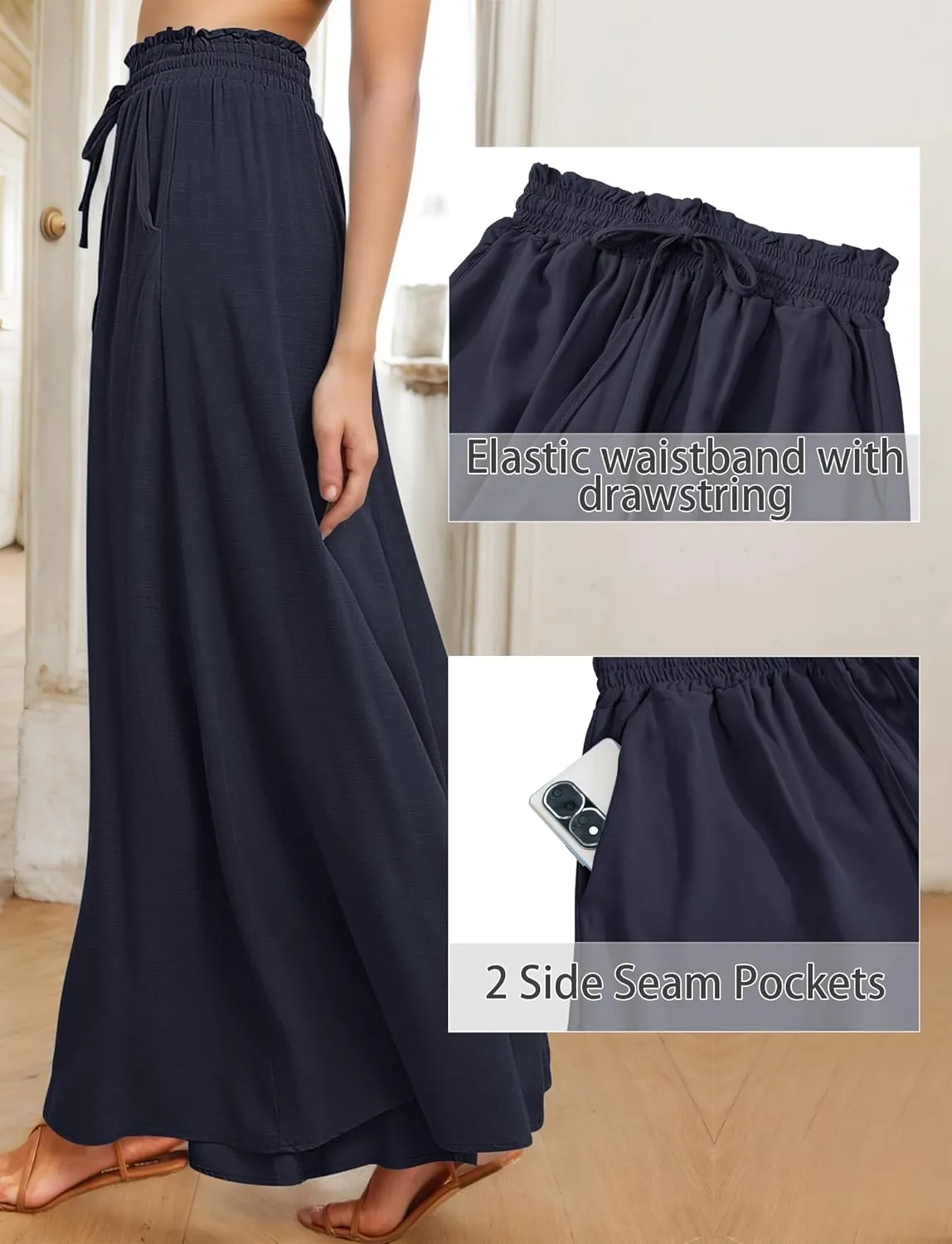 Aivtalk Womens Wide Leg Trousers Palazzo Pant Casual Elegant High Waist Trousers Simple Trousers with Pockets