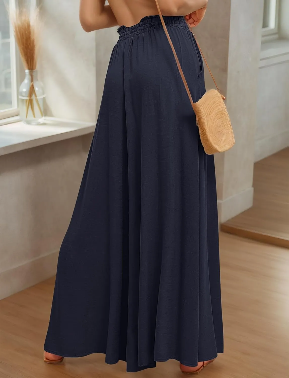 Aivtalk Womens Wide Leg Trousers Palazzo Pant Casual Elegant High Waist Trousers Simple Trousers with Pockets