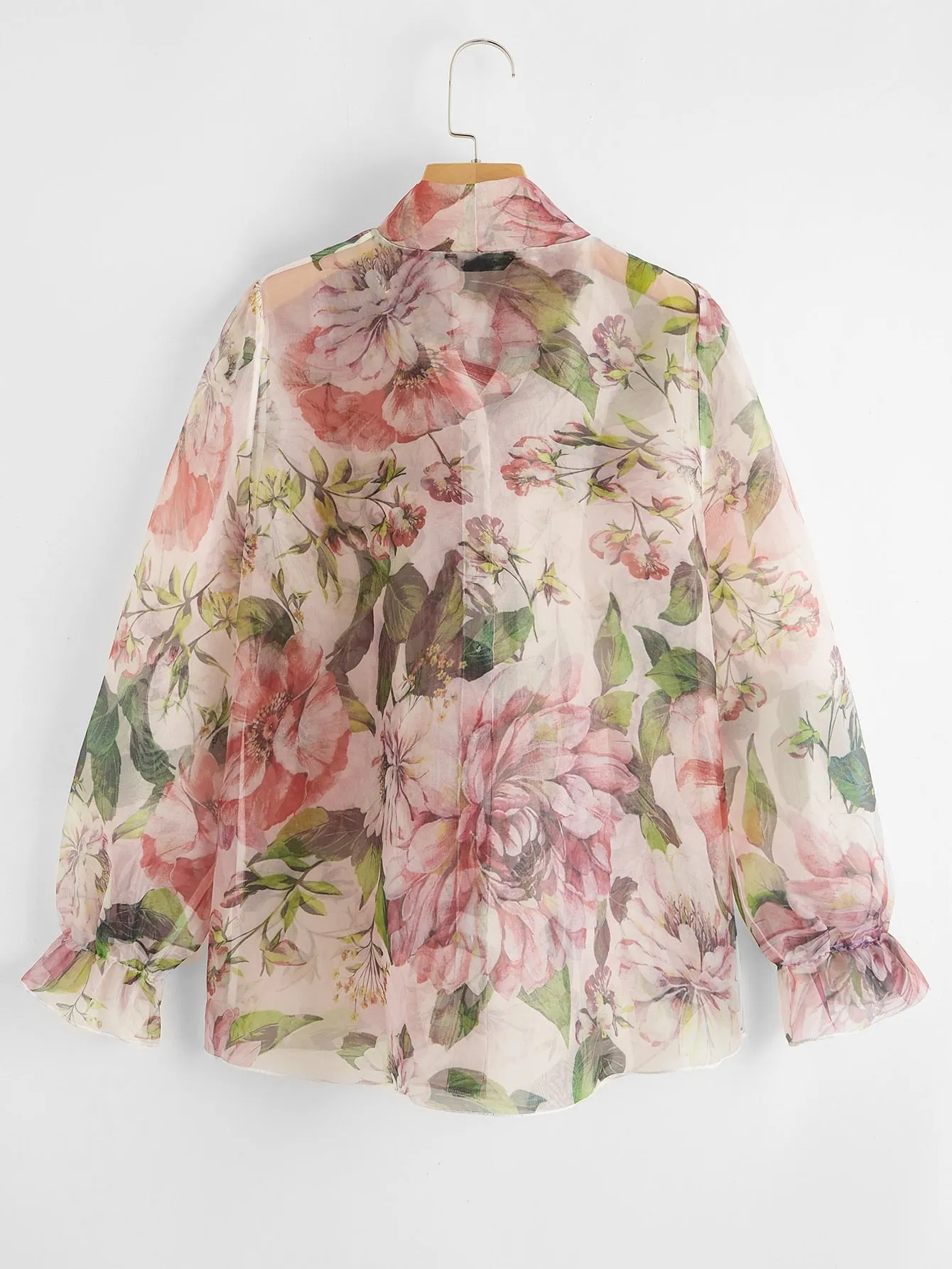 All Over Print Button Front Long Sleeve Tie Neck Long Plus Size Blouse