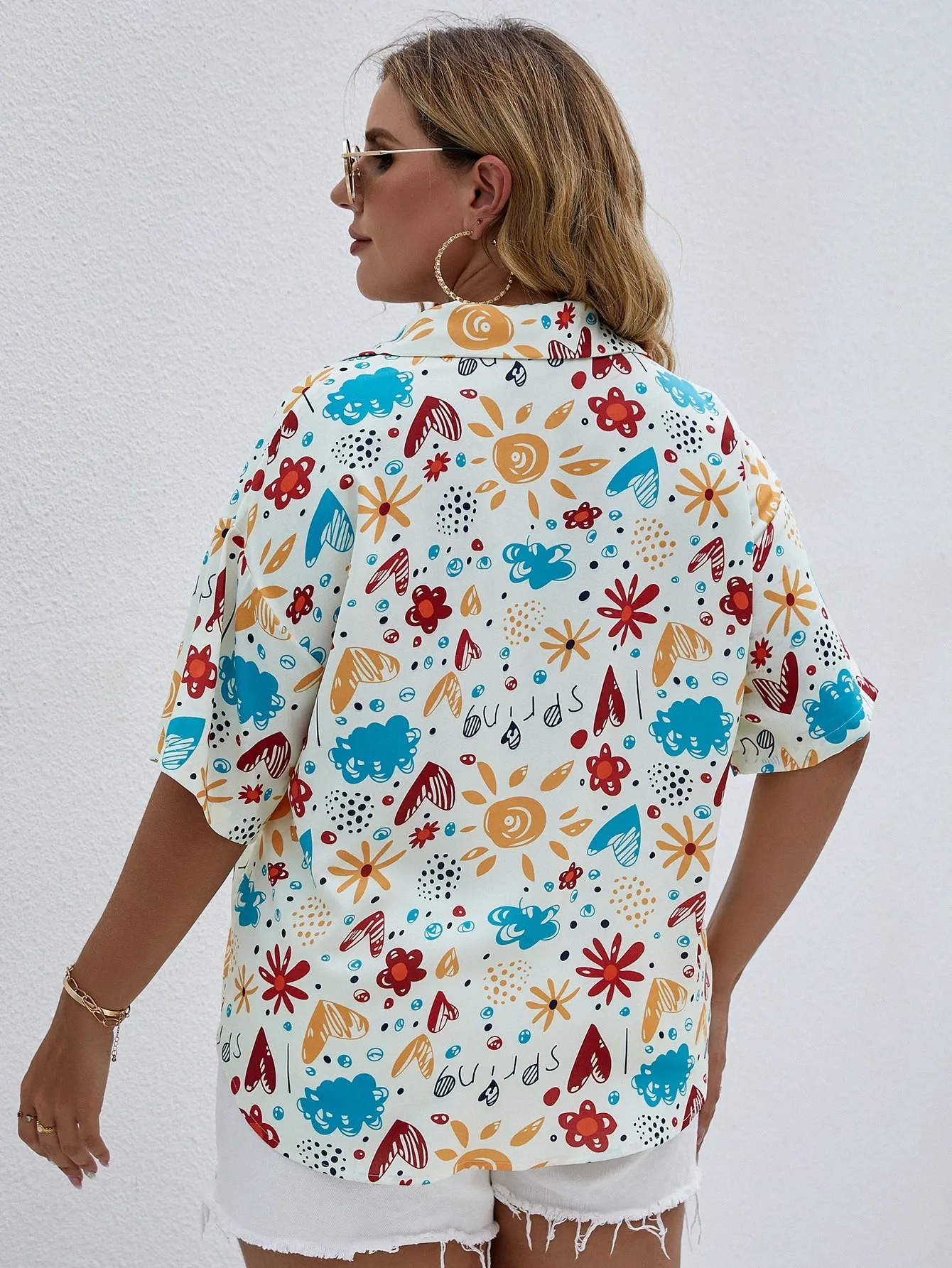 All Over Print Half Sleeve Collar Regular Plus Size Blouse