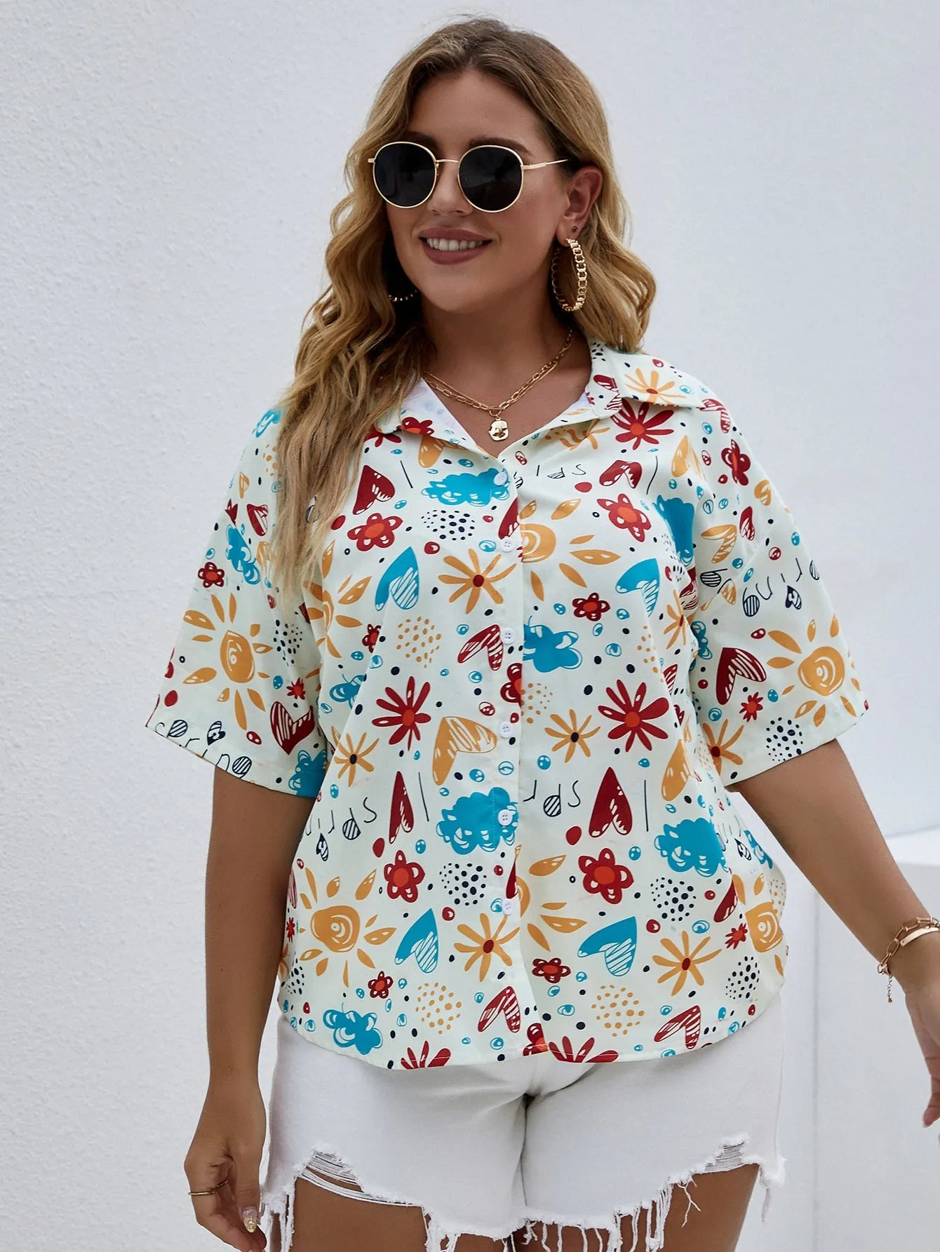 All Over Print Half Sleeve Collar Regular Plus Size Blouse