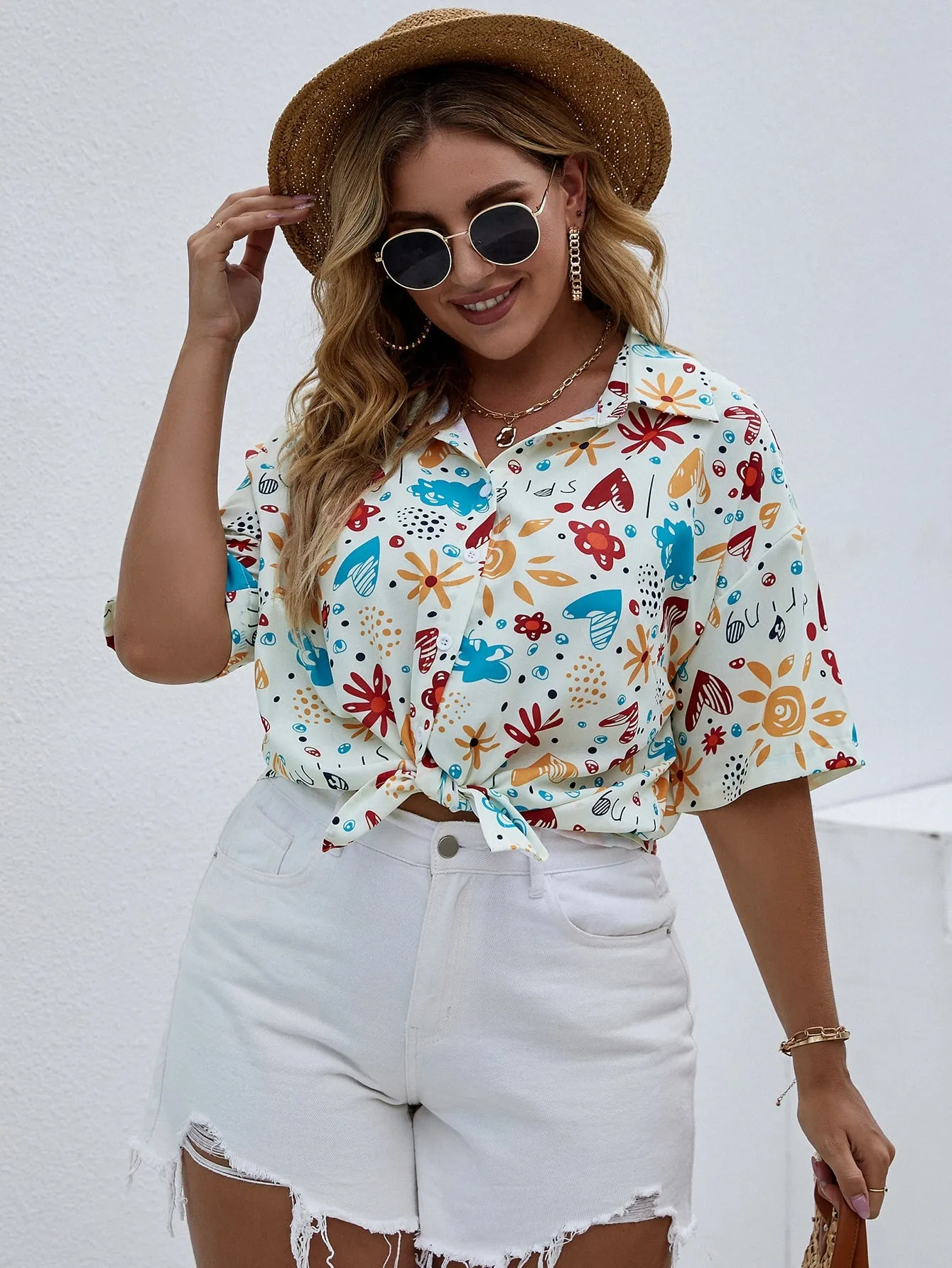 All Over Print Half Sleeve Collar Regular Plus Size Blouse
