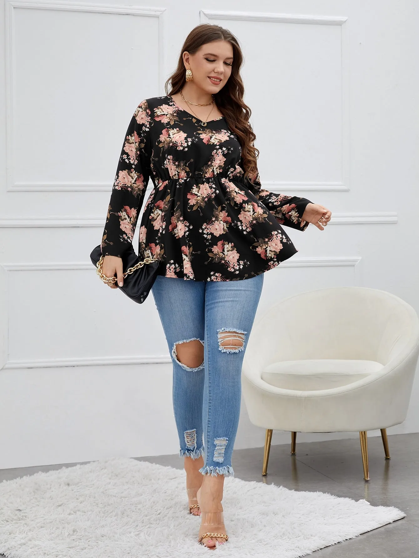 All Over Print Ruffle Hem Long Sleeve V Neck Flared Long Plus Size Blouse