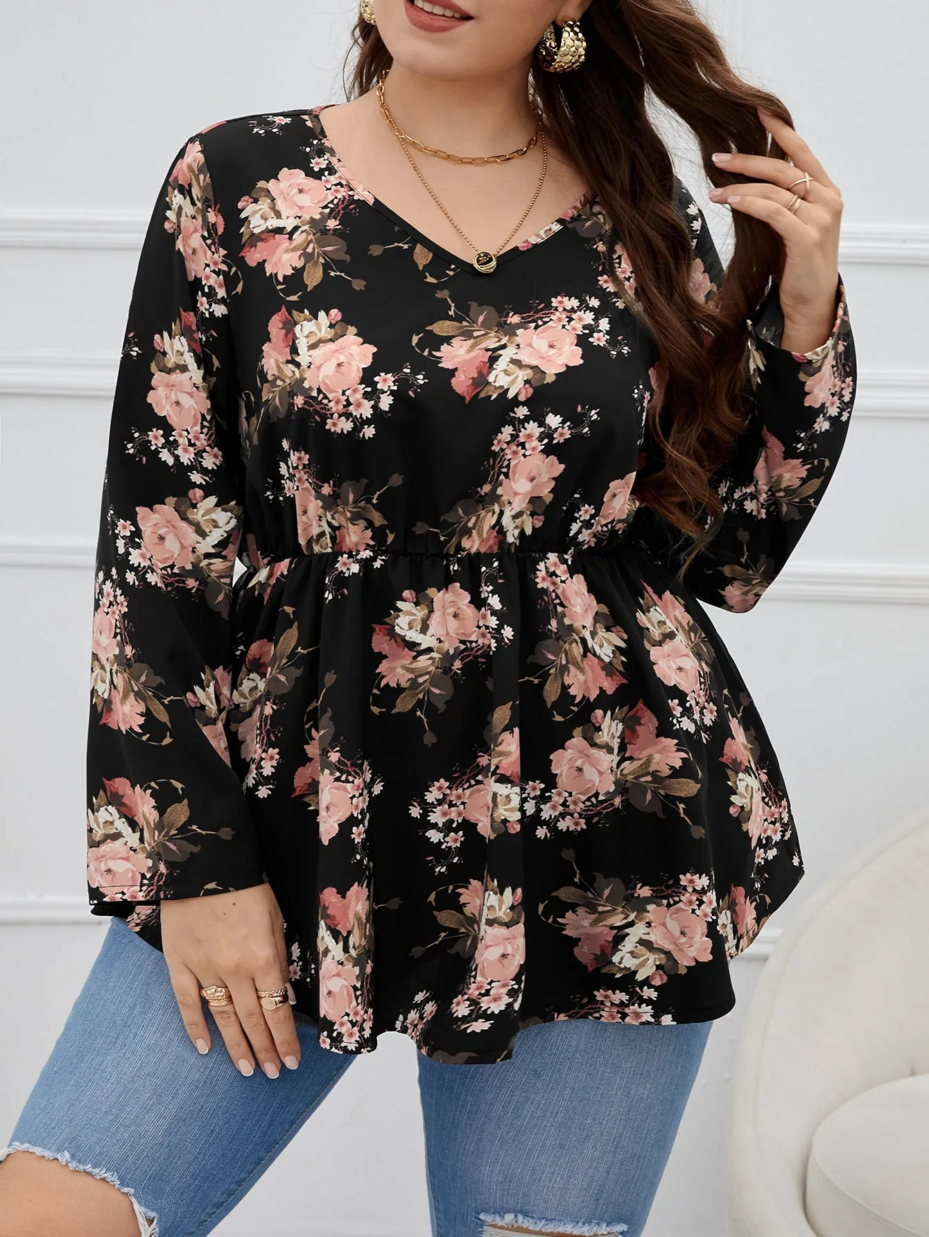 All Over Print Ruffle Hem Long Sleeve V Neck Flared Long Plus Size Blouse