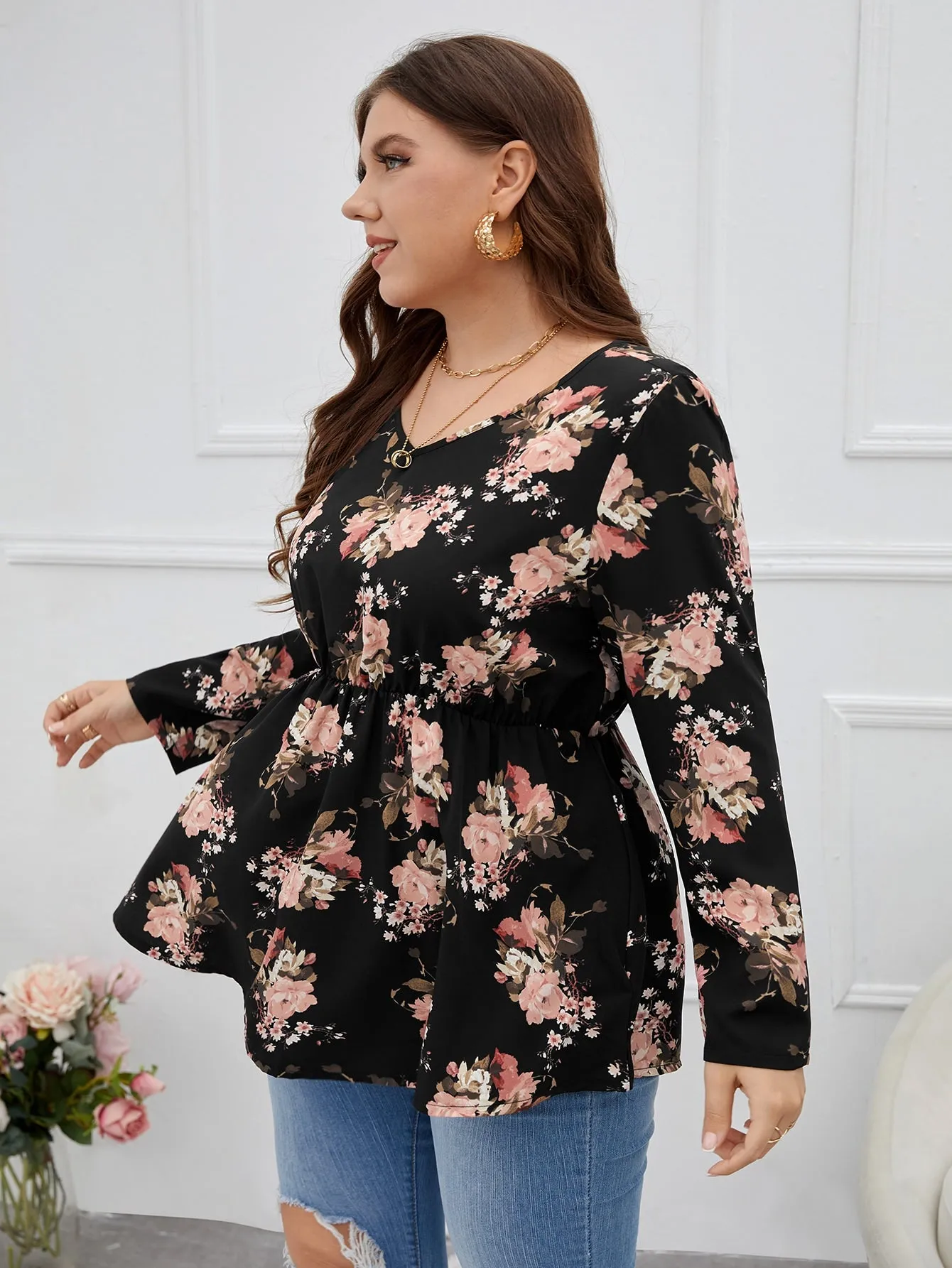All Over Print Ruffle Hem Long Sleeve V Neck Flared Long Plus Size Blouse