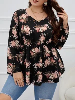All Over Print Ruffle Hem Long Sleeve V Neck Flared Long Plus Size Blouse