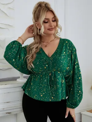 All Over Print Ruffle Hem Long Sleeve V Neck Flared Regular Plus Size Blouse