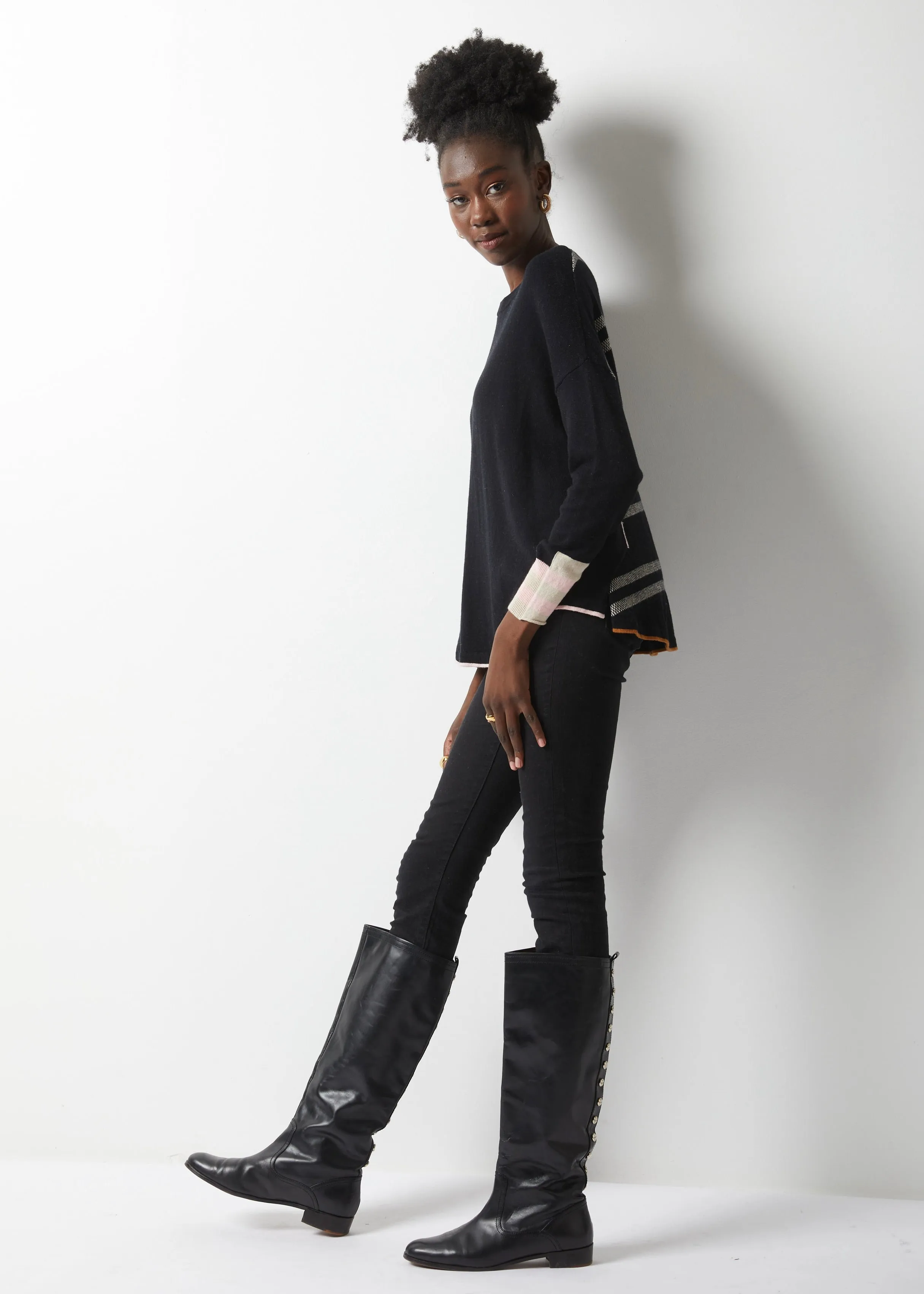 Birdseye Trim Pullover Sweater-Black