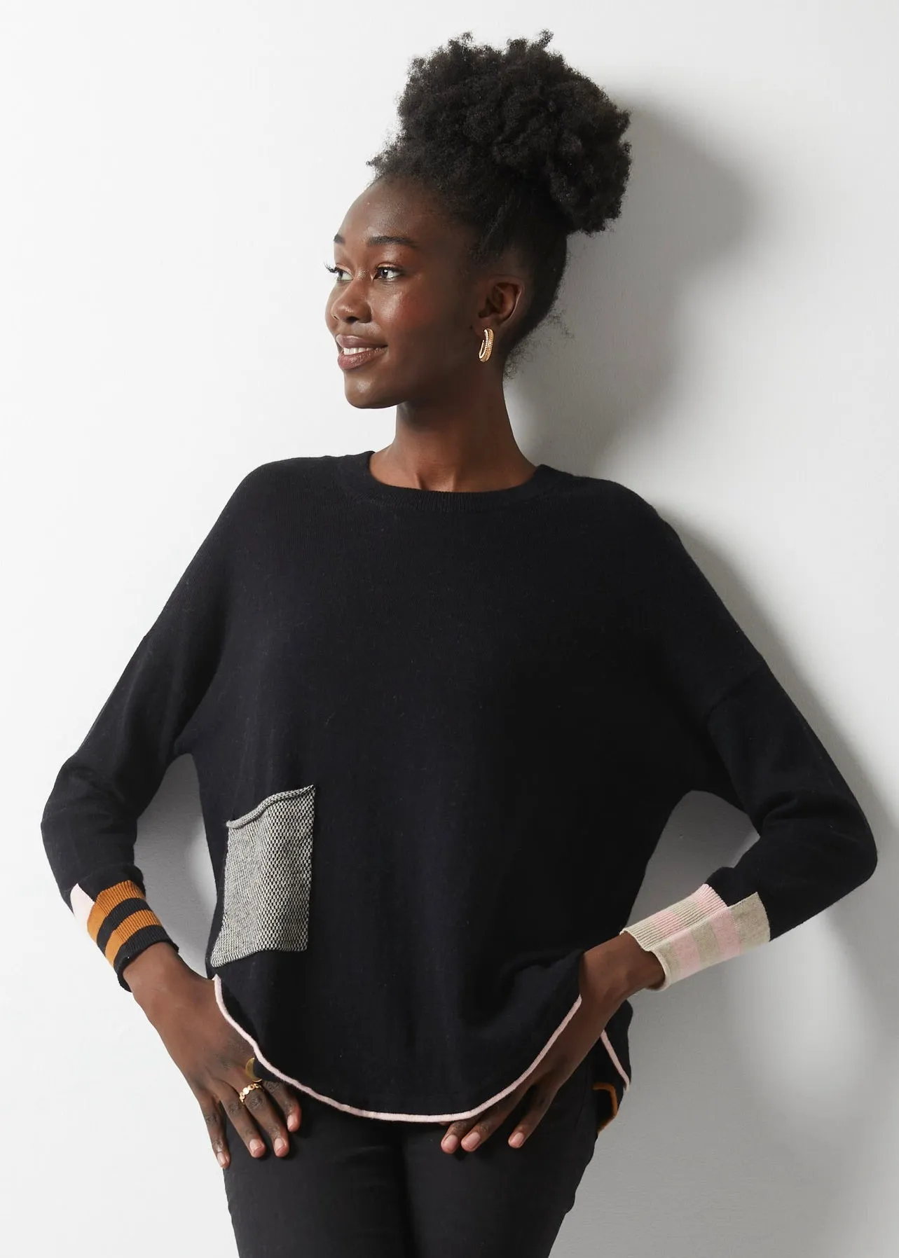 Birdseye Trim Pullover Sweater-Black