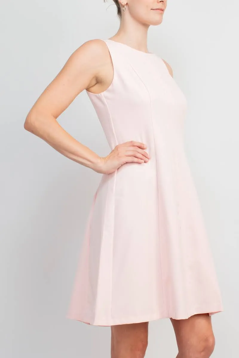 Boat Neck Sleeveless Banded Zipper Back Fit & Flare Crepe Dress