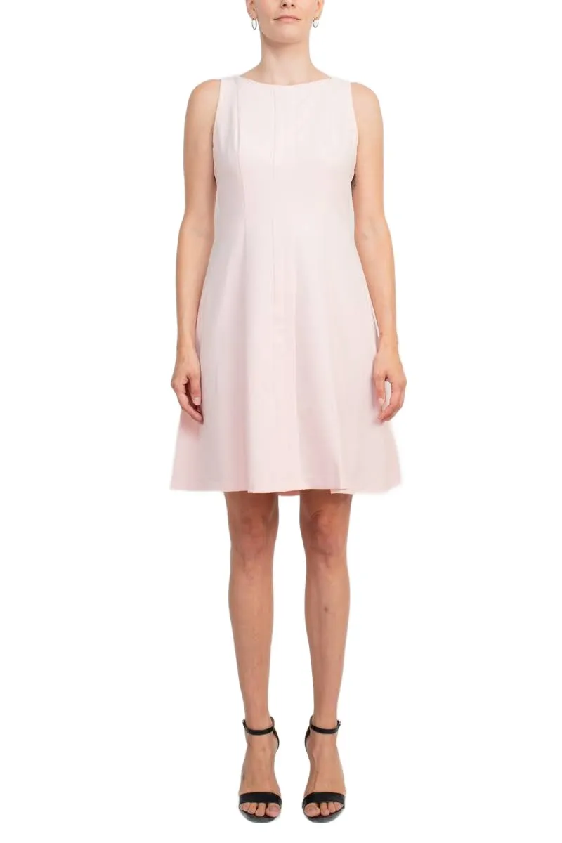 Boat Neck Sleeveless Banded Zipper Back Fit & Flare Crepe Dress