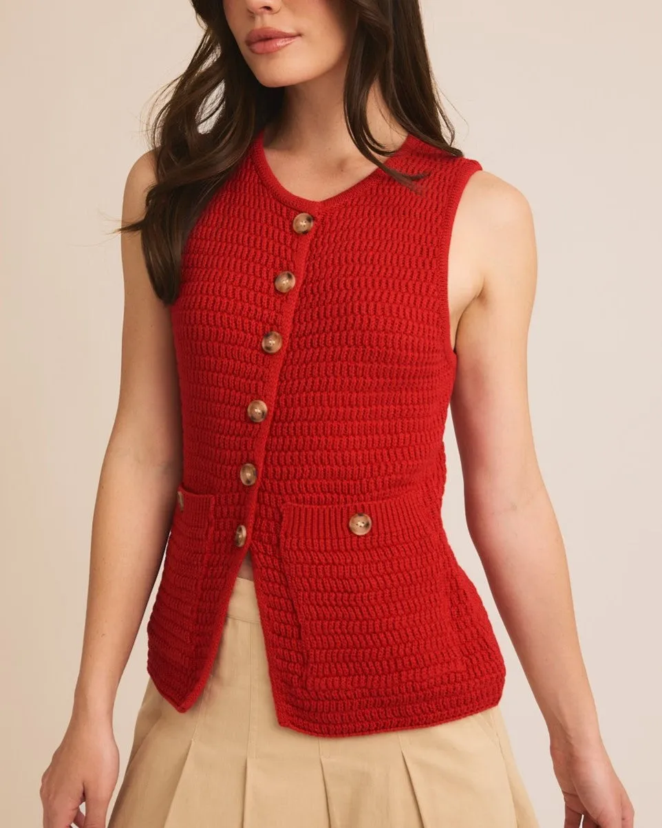Button Down Sweater Vest - Red