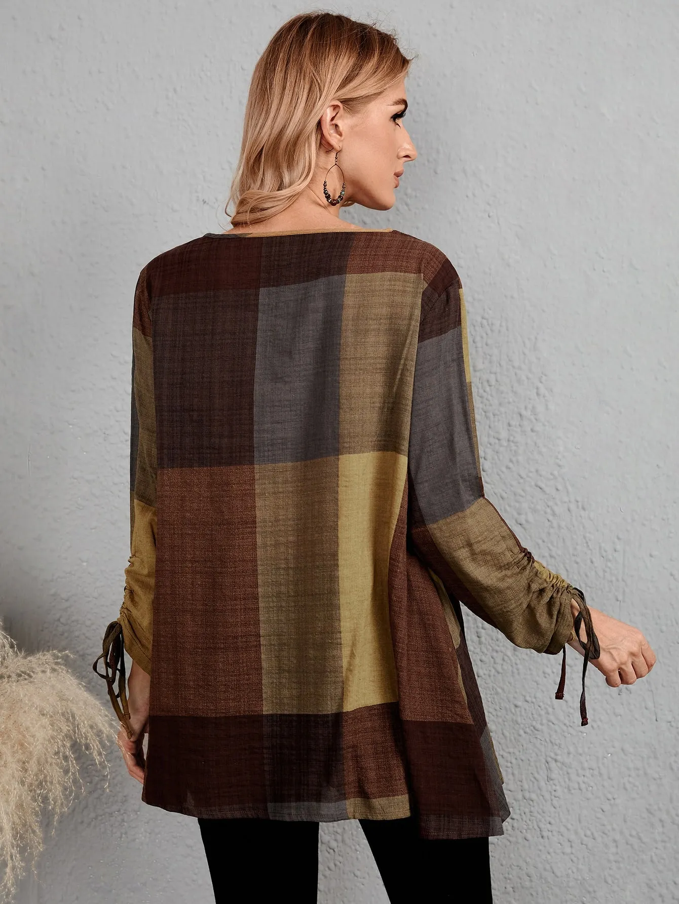 Casual Plaid Drawstring Long Sleeve Scoop Neck Long Blouse
