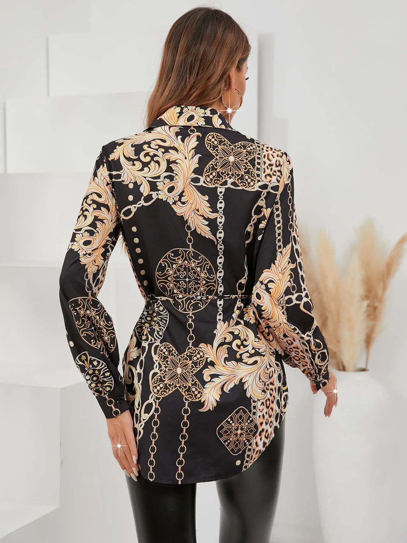 Chain And Baroque Print Curved Hem Button Up Blouse