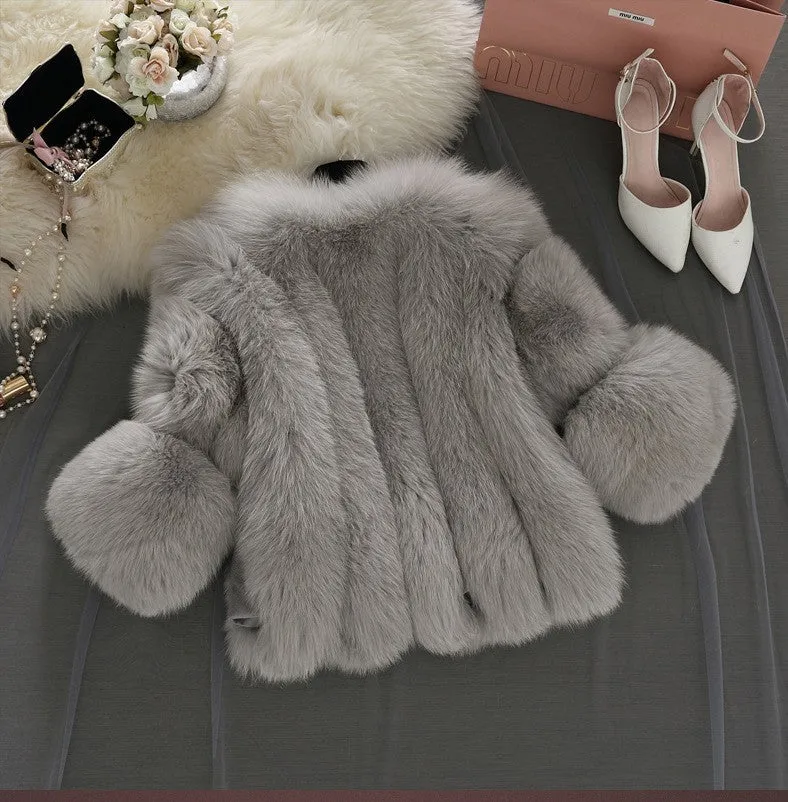 Classy Short Stitching Artificial Faux Fur Coat