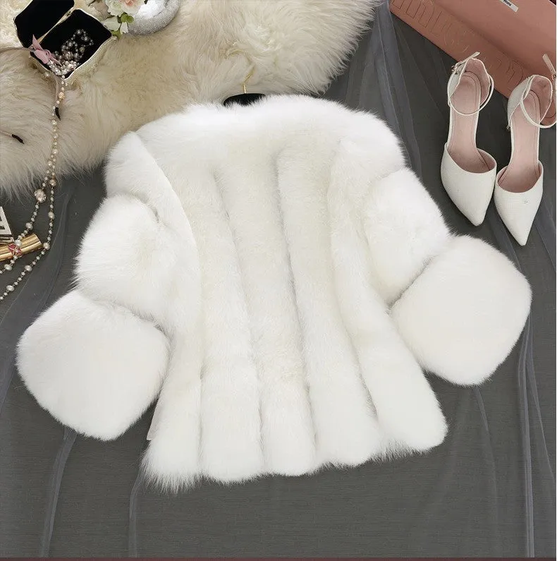 Classy Short Stitching Artificial Faux Fur Coat
