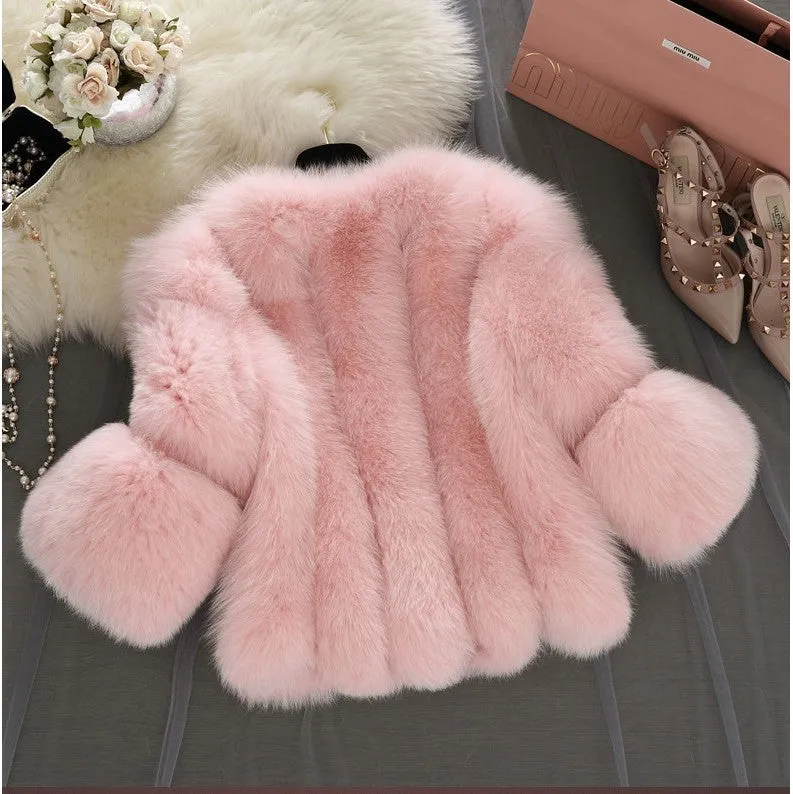 Classy Short Stitching Artificial Faux Fur Coat