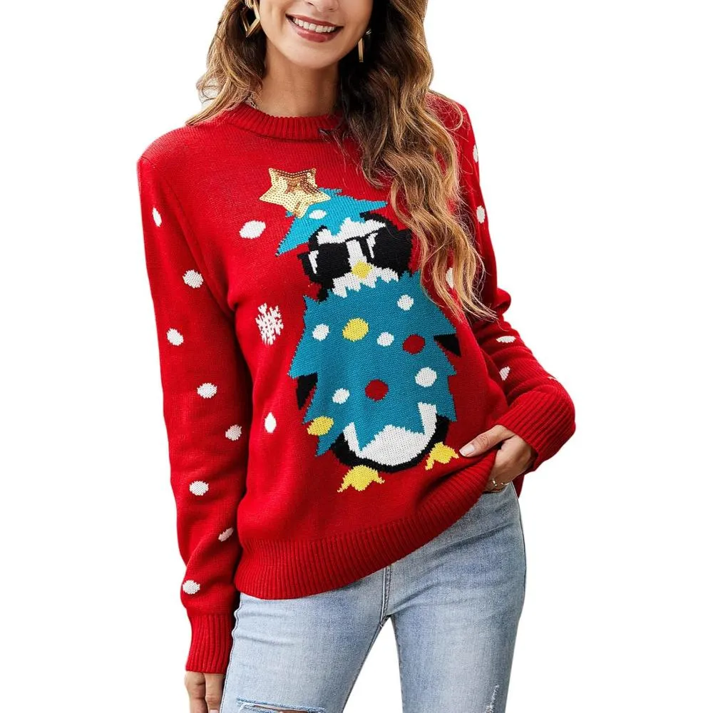 Cozy Christmas Crewneck Sweater With Novelty Print