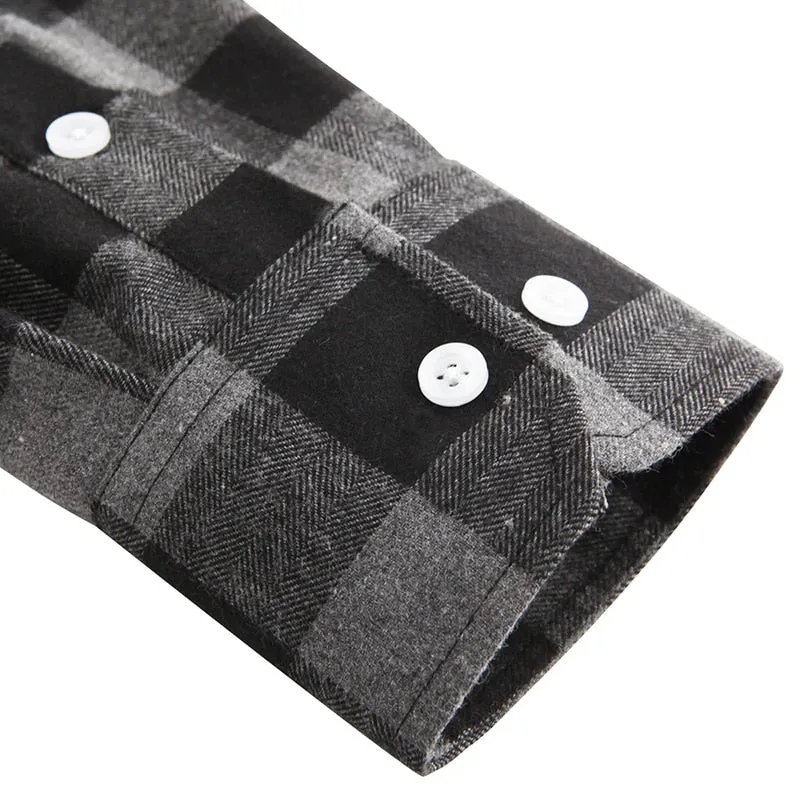 Dioufond Mens Pocket Flannel Plaid Cotton Shirt Long Sleeve Checkered Casual Slim Fit Black Warm Autumn Winter Shirts New
