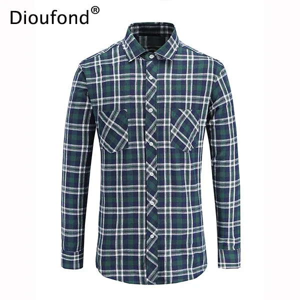 Dioufond Mens Pocket Flannel Plaid Cotton Shirt Long Sleeve Checkered Casual Slim Fit Black Warm Autumn Winter Shirts New