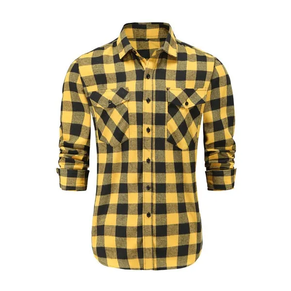 Dioufond Mens Pocket Flannel Plaid Cotton Shirt Long Sleeve Checkered Casual Slim Fit Black Warm Autumn Winter Shirts New