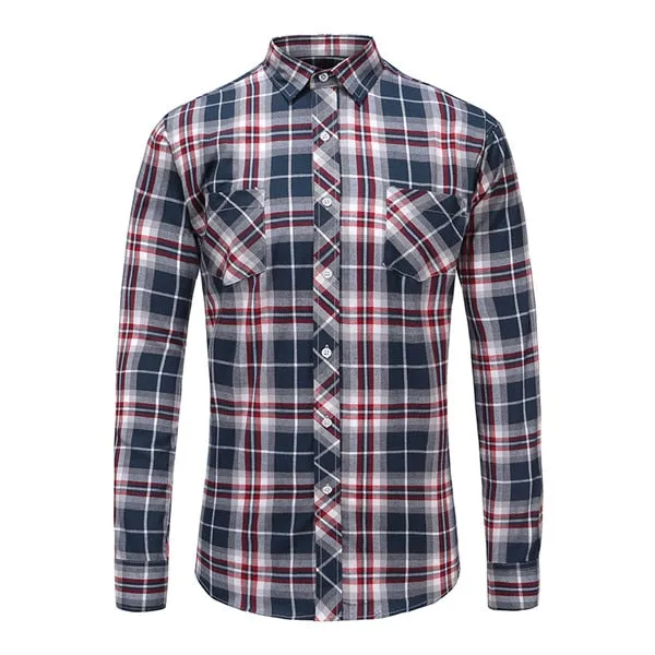 Dioufond Mens Pocket Flannel Plaid Cotton Shirt Long Sleeve Checkered Casual Slim Fit Black Warm Autumn Winter Shirts New