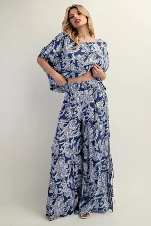 ee:some Paisley Printed Side Tie Wide Leg Pants - Indigo