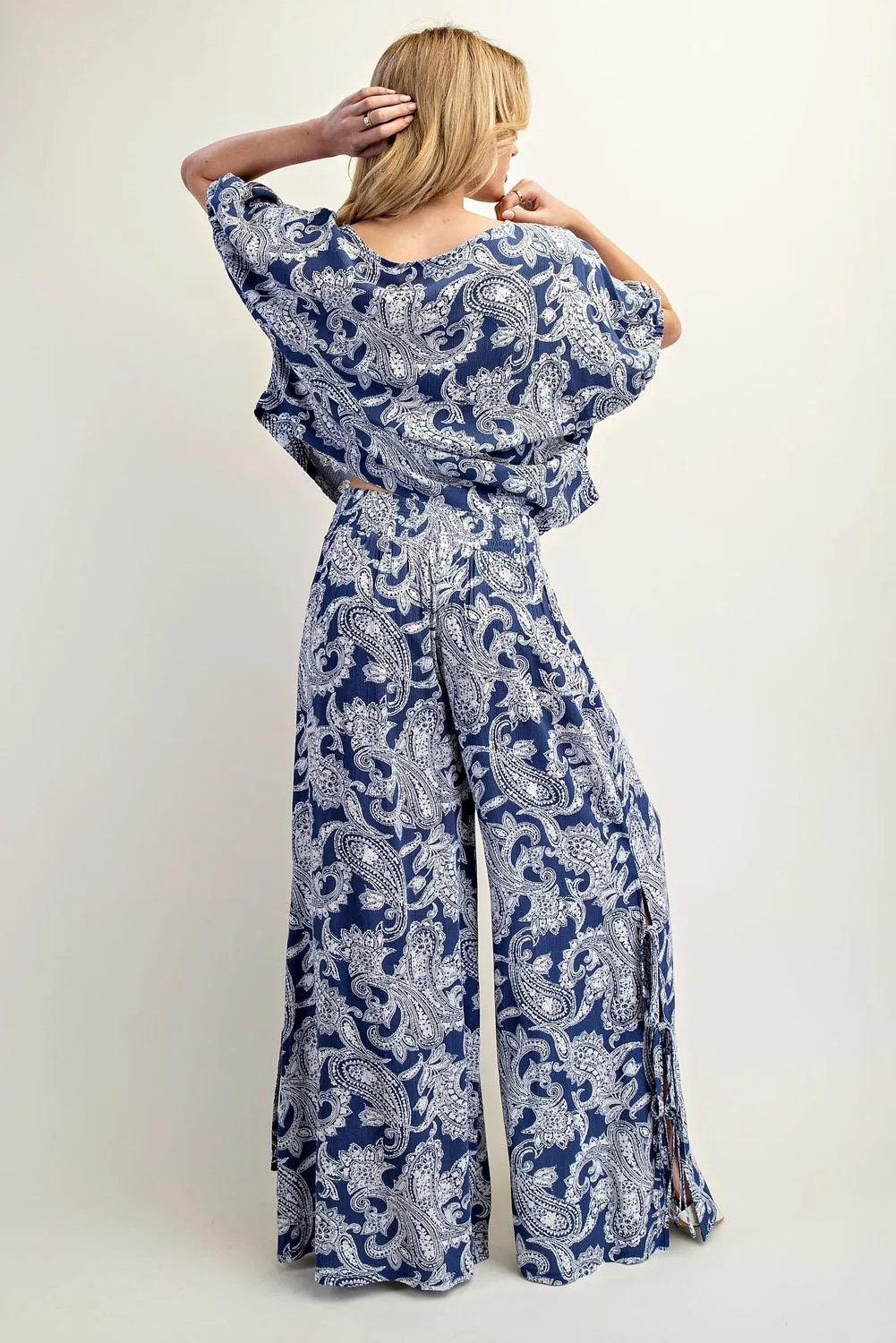 ee:some Paisley Printed Side Tie Wide Leg Pants - Indigo