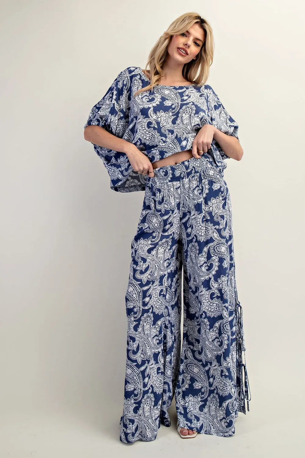 ee:some Paisley Printed Side Tie Wide Leg Pants - Indigo