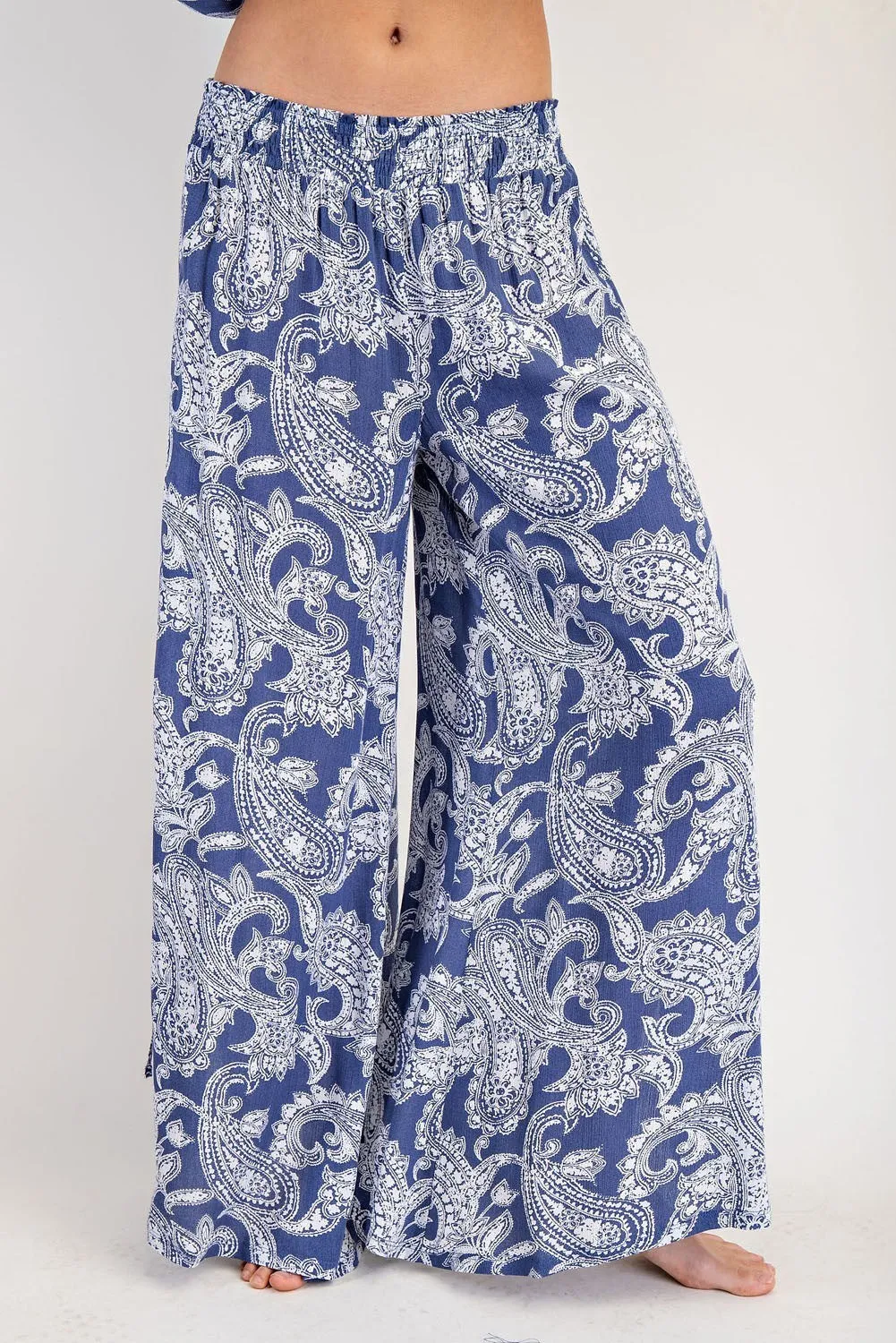 ee:some Paisley Printed Side Tie Wide Leg Pants - Indigo