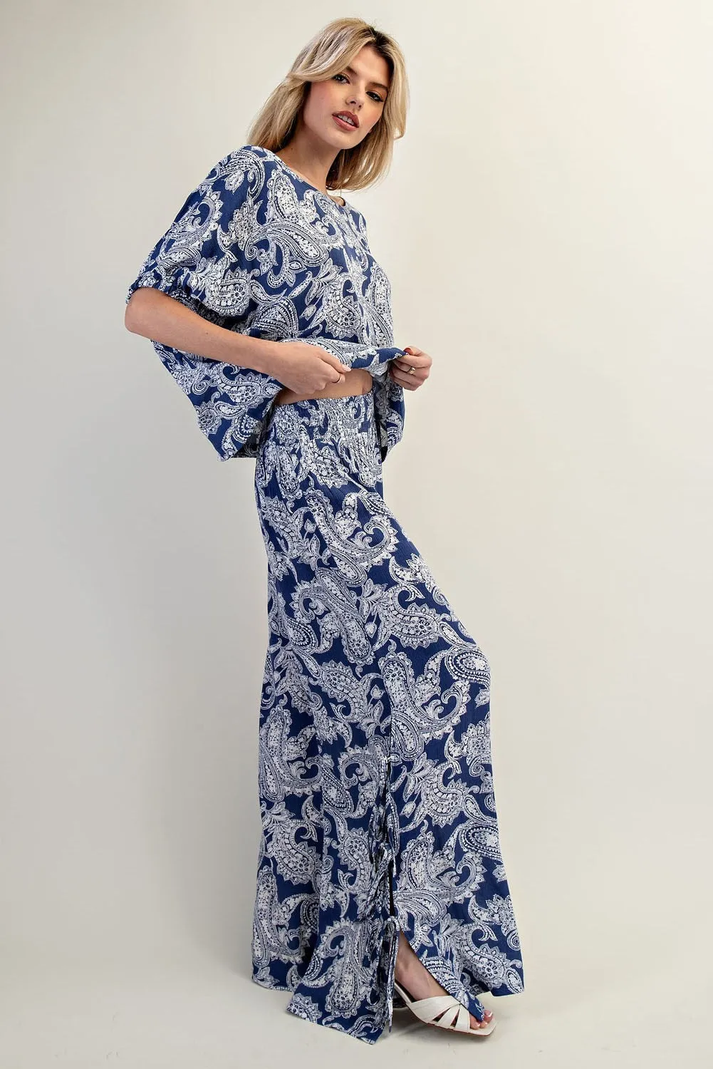 ee:some Paisley Printed Side Tie Wide Leg Pants - Indigo