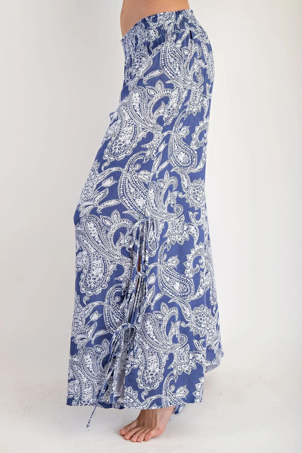 ee:some Paisley Printed Side Tie Wide Leg Pants - Indigo