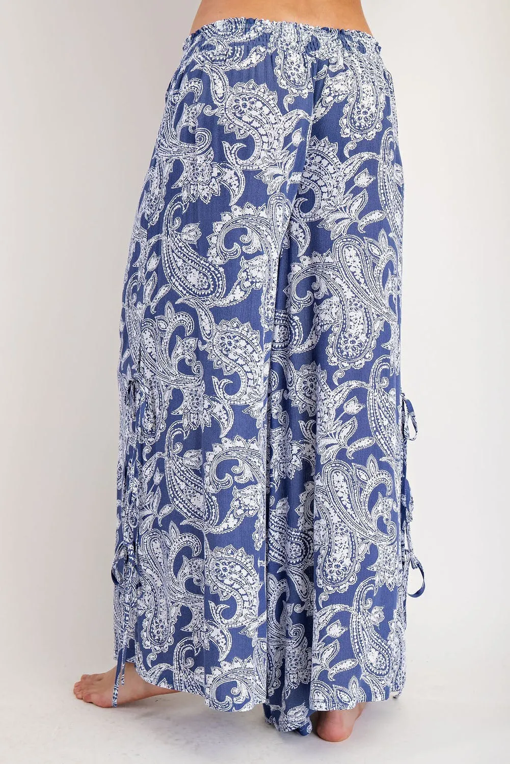 ee:some Paisley Printed Side Tie Wide Leg Pants - Indigo