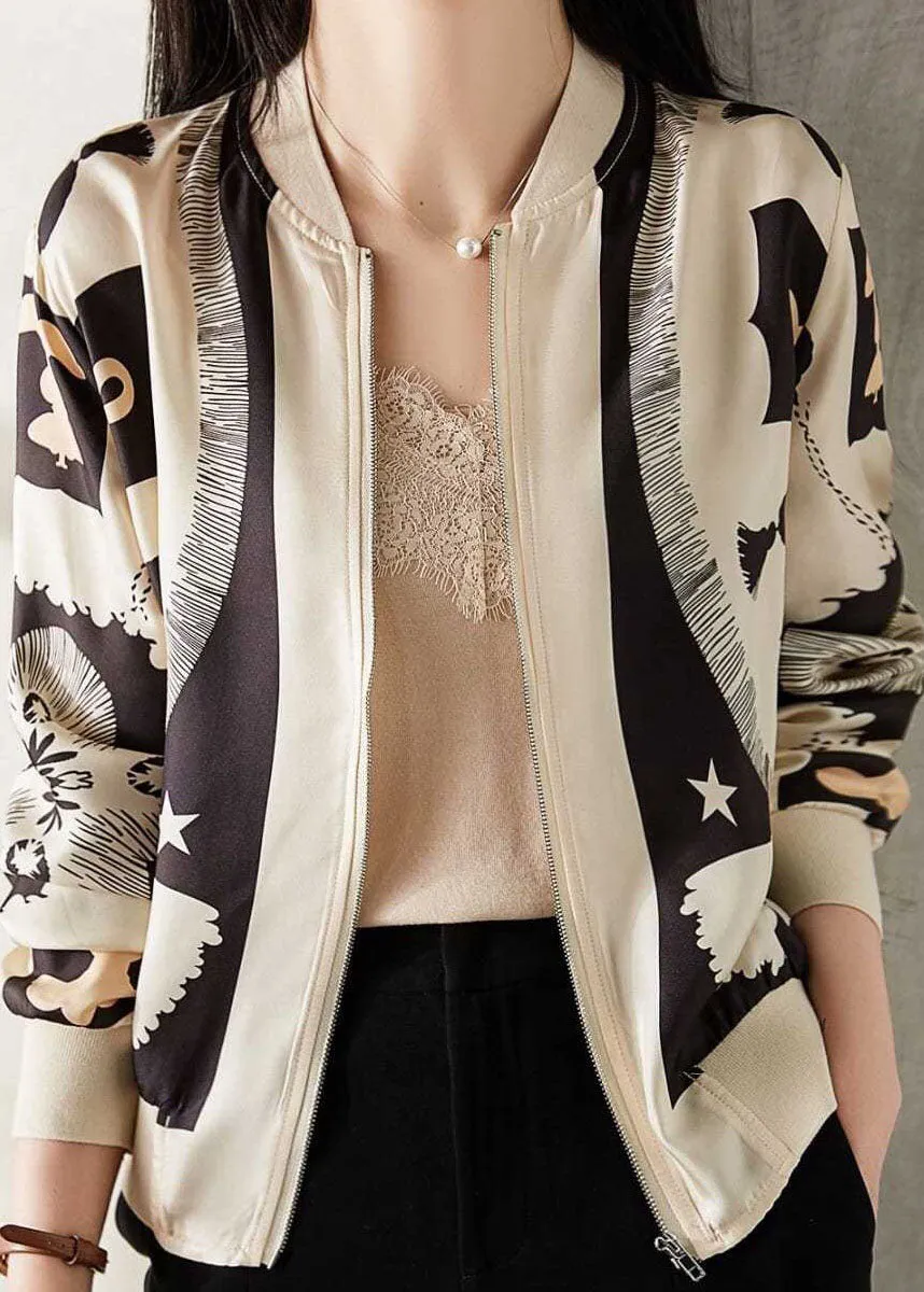 Elegant Beige V Neck Zippered Patchwork Print Silk Coat Spring LY0083
