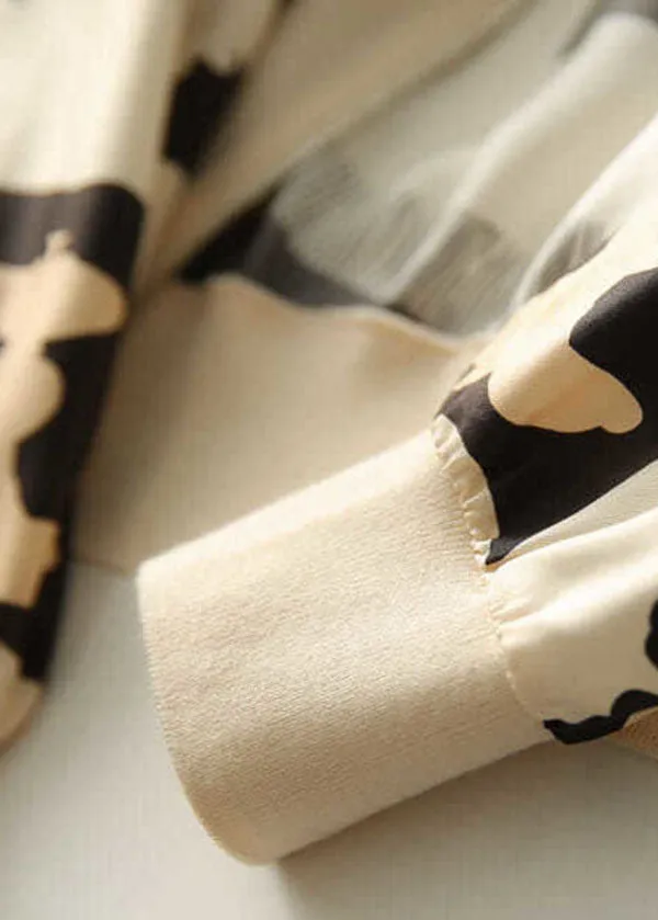 Elegant Beige V Neck Zippered Patchwork Print Silk Coat Spring LY0083