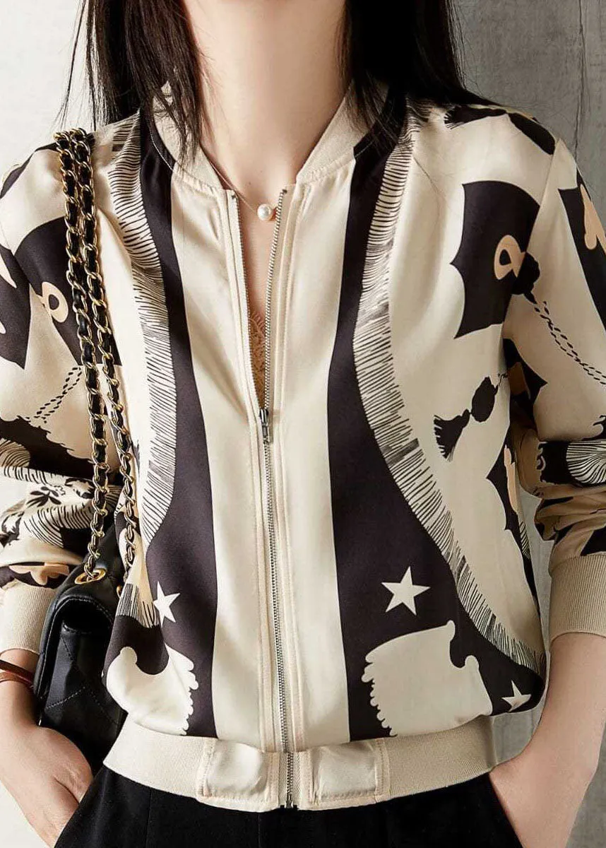Elegant Beige V Neck Zippered Patchwork Print Silk Coat Spring LY0083