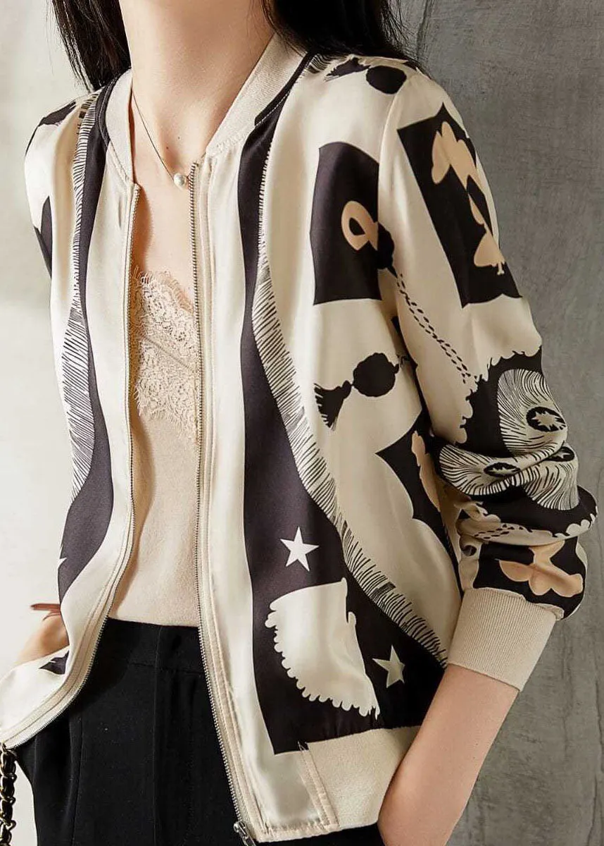 Elegant Beige V Neck Zippered Patchwork Print Silk Coat Spring LY0083