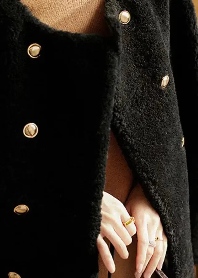 Elegant Black O Neck Pockets Patchwork Wool Coats Winter ML1167