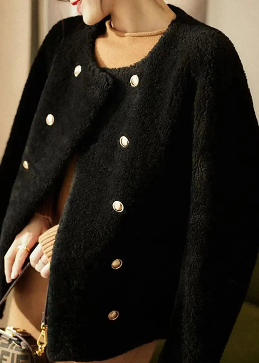 Elegant Black O Neck Pockets Patchwork Wool Coats Winter ML1167