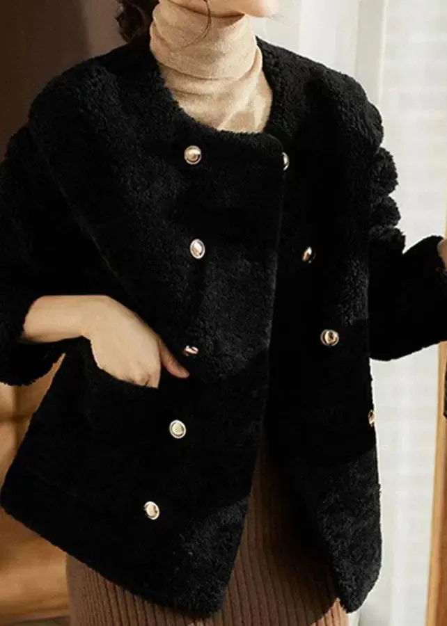 Elegant Black O Neck Pockets Patchwork Wool Coats Winter ML1167