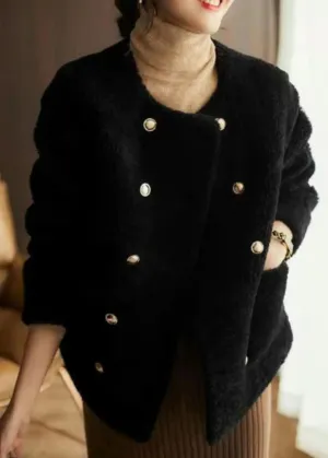 Elegant Black O Neck Pockets Patchwork Wool Coats Winter ML1167