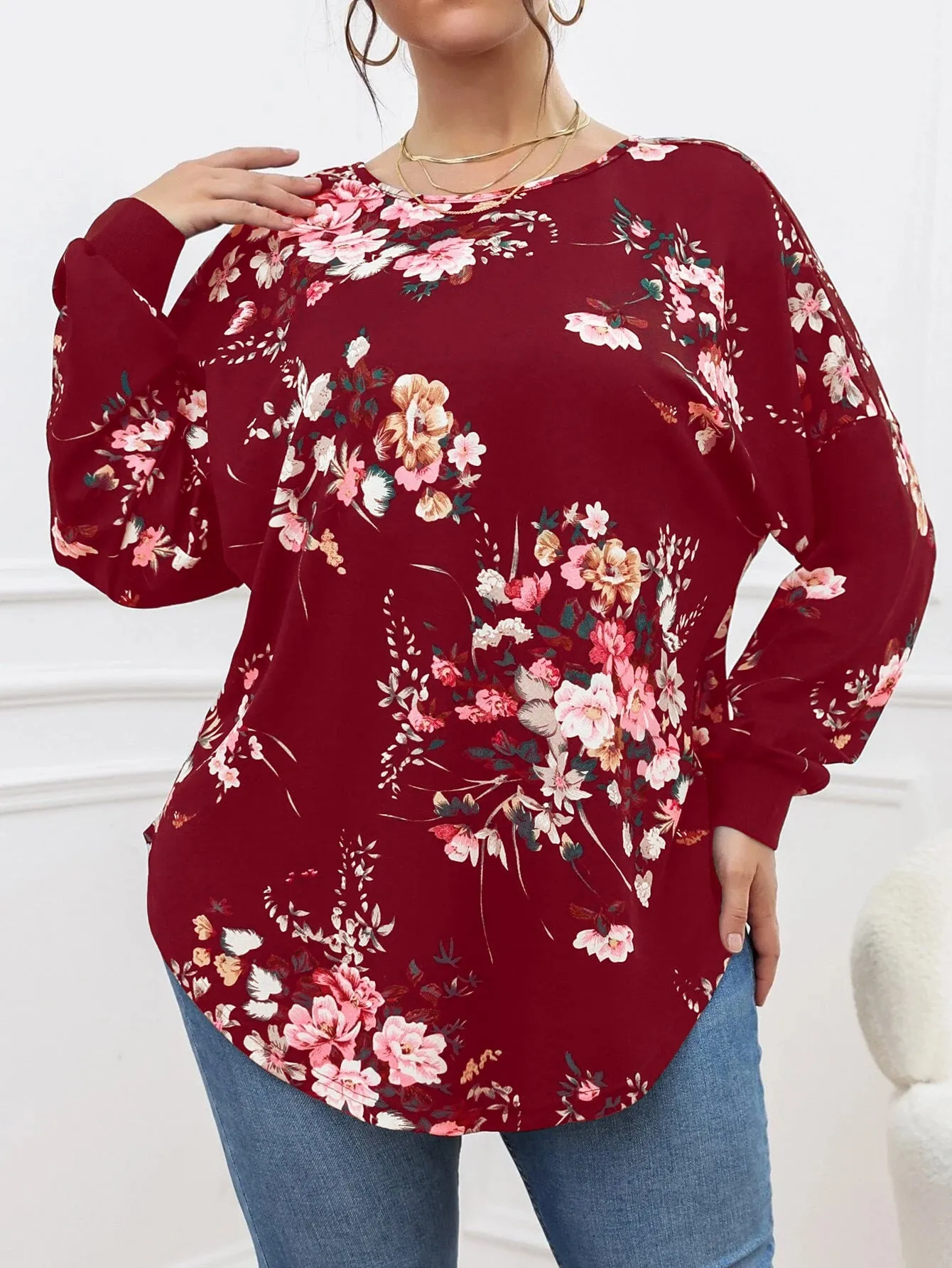 Floral Criss Cross Long Sleeve Round Neck Long Plus Size Blouse
