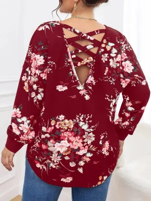 Floral Criss Cross Long Sleeve Round Neck Long Plus Size Blouse