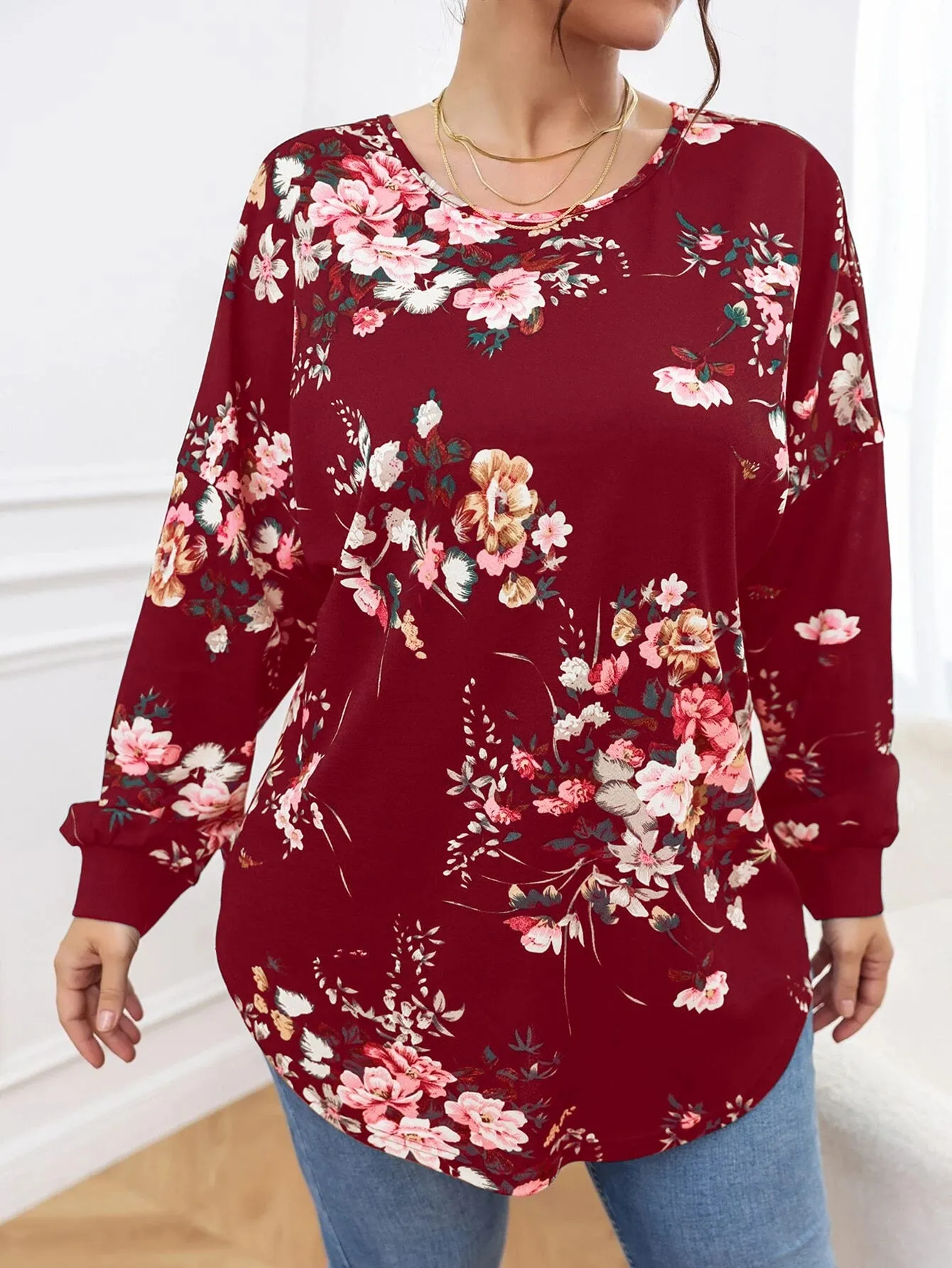 Floral Criss Cross Long Sleeve Round Neck Long Plus Size Blouse