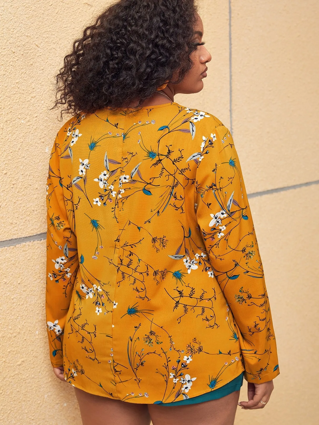 Floral Long Sleeve Notched Regular Plus Size Blouse