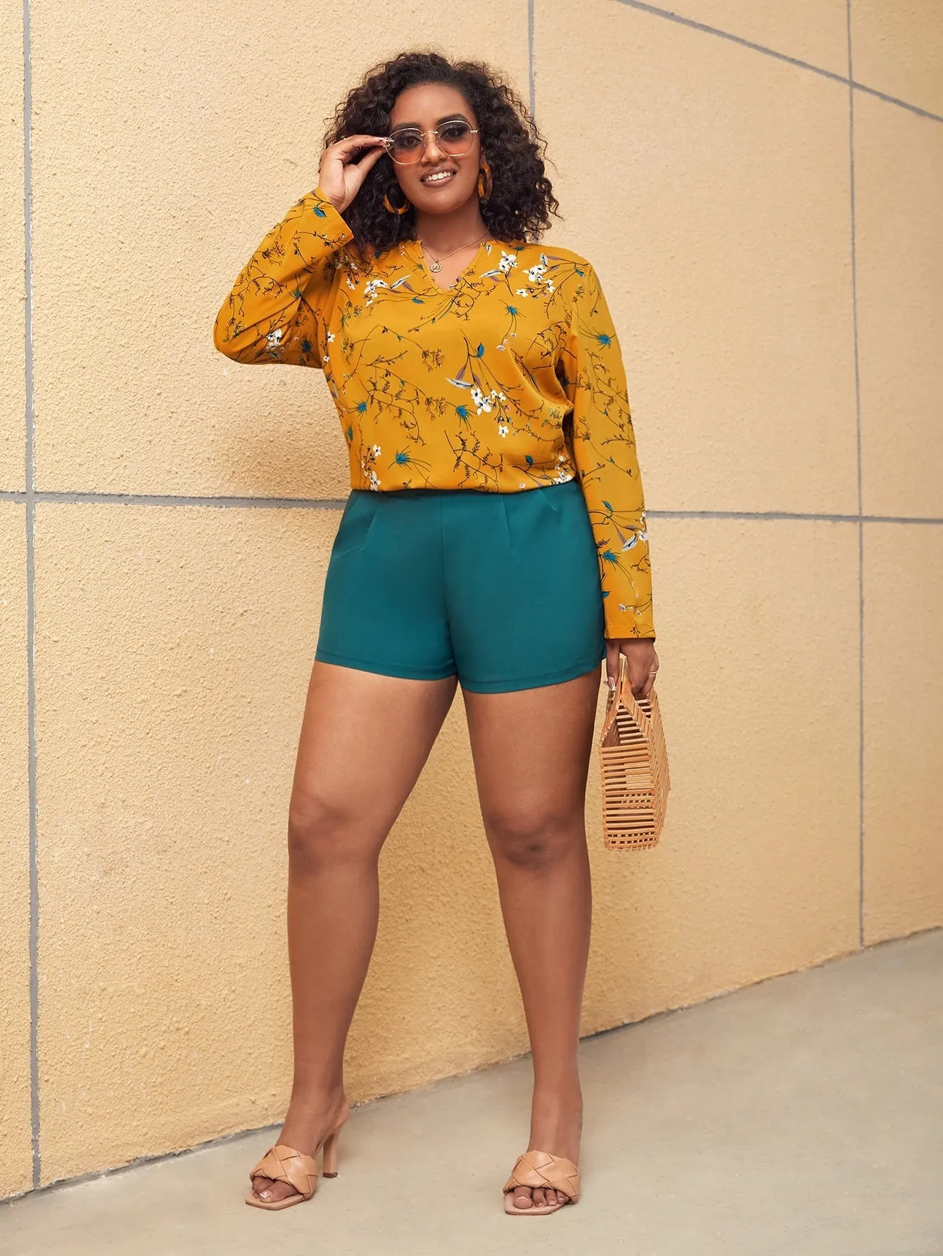 Floral Long Sleeve Notched Regular Plus Size Blouse