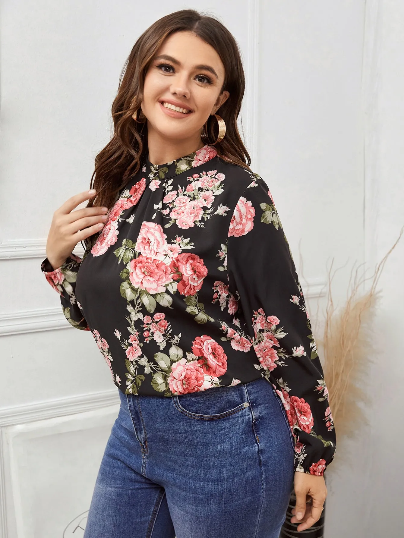 Floral Long Sleeve Stand Collar Regular Plus Size Blouse