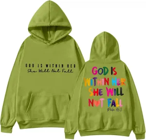 God is Within Her She Will Not Fall Jesus Hoodies for Women Teen Girls Trendy Oversized Graphic Christian Sweatshirt Pullover