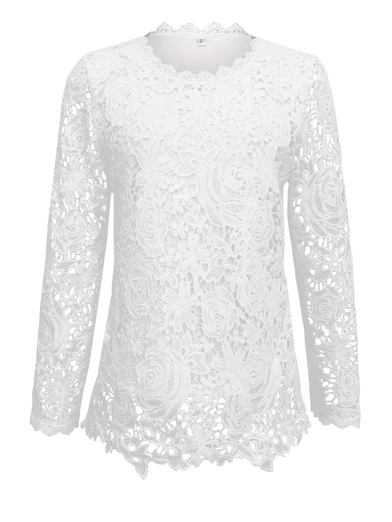 Guipure Lace Scallop Trim T-shirt, Elegant Long Sleeve for Spring/Fall.
